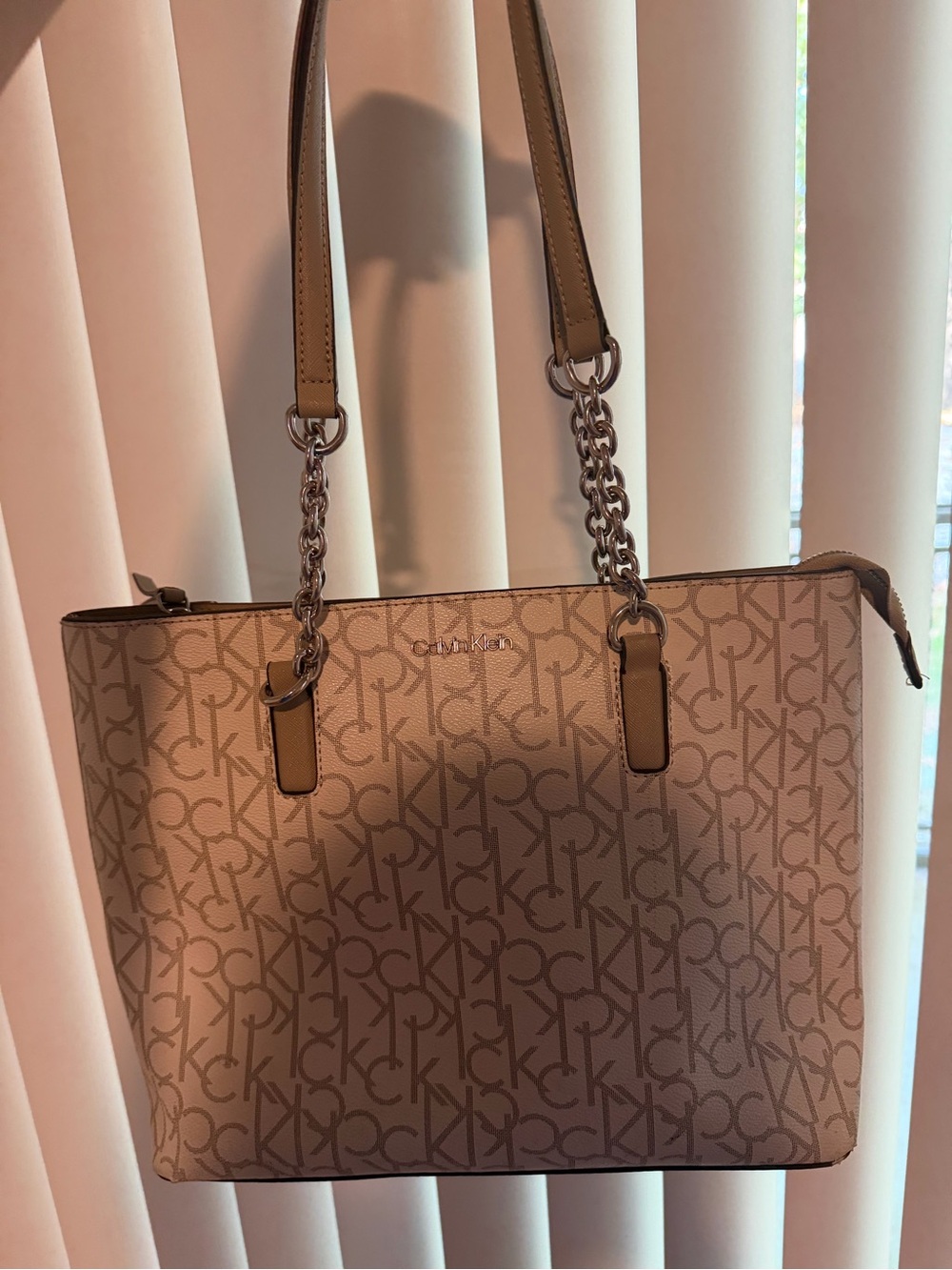 Calvin Klein Taupe Monogram Chain-Trim Tote